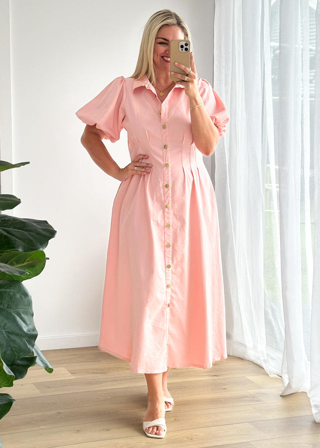 Yves Stretch Denim Midi Dress - Pink