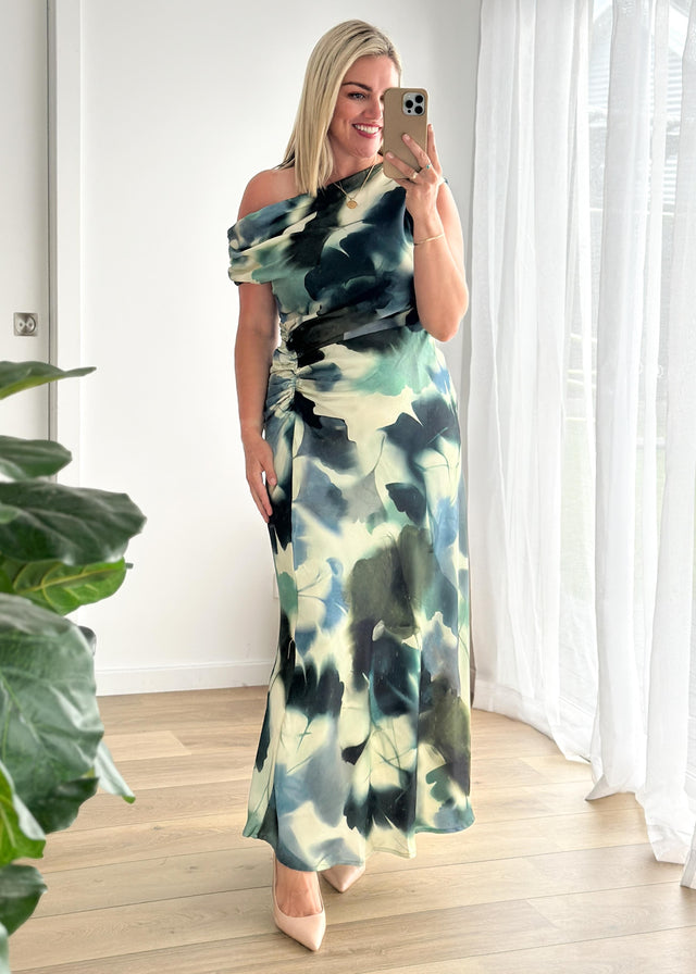 Flirtini One Shoulder Maxi Dress - Forest Abstract