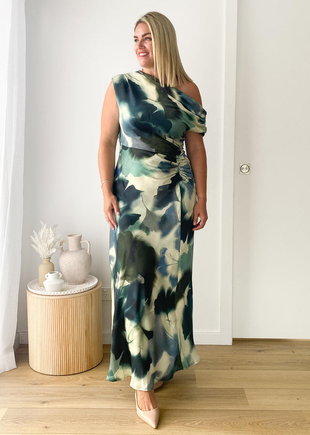 Flirtini One Shoulder Maxi Dress - Forest Abstract