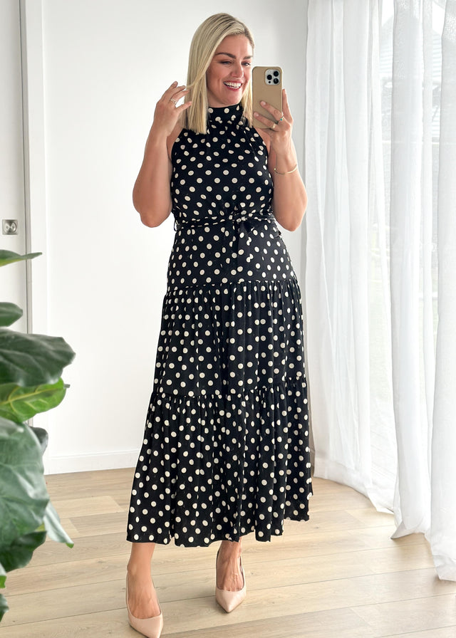 Katrina Halter Maxi Dress - Black Polka