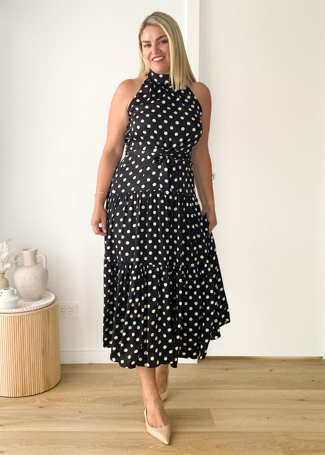 Katrina Halter Maxi Dress - Black Polka
