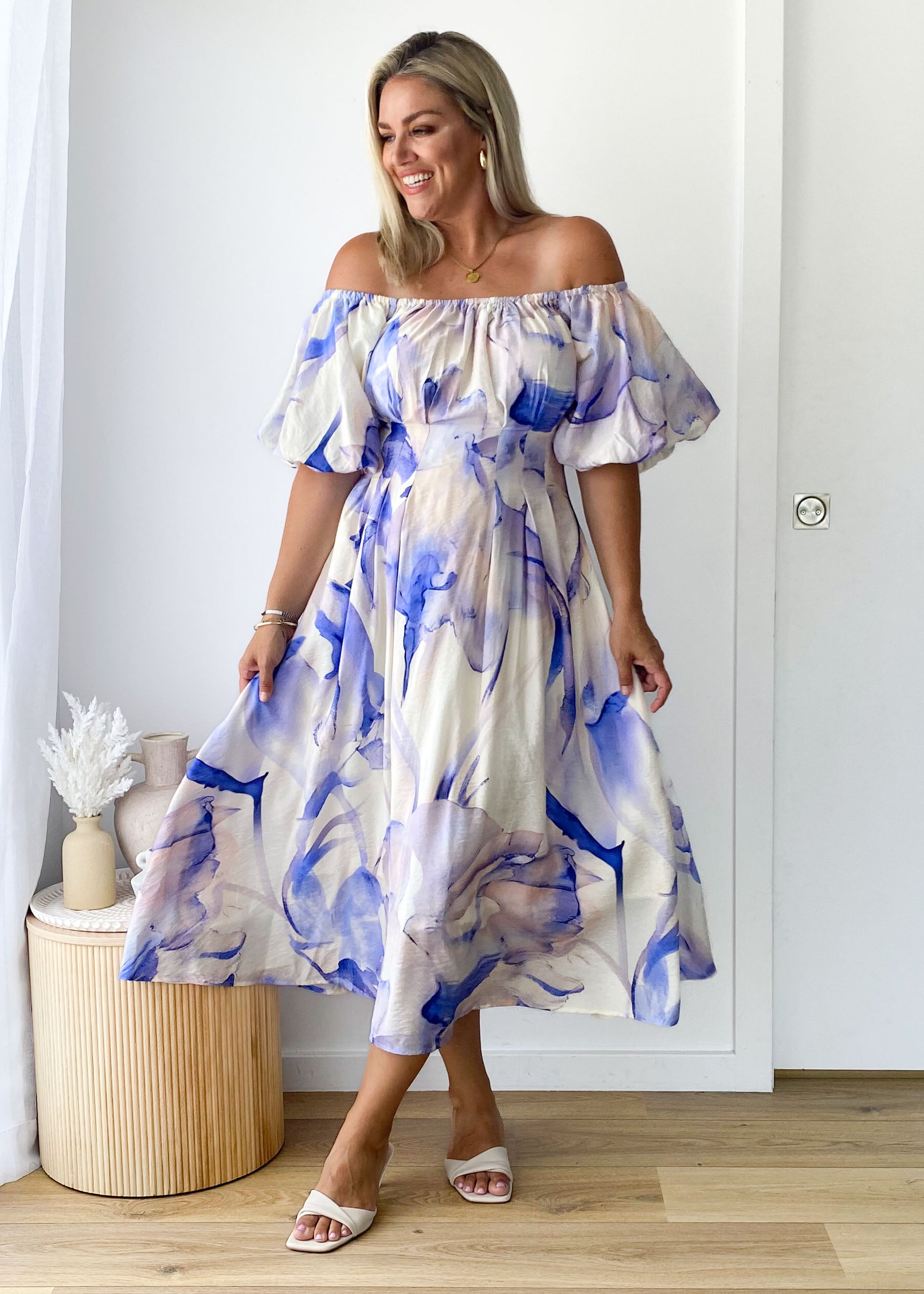 Reece Off Shoulder Midi Dress - Lapis Flame