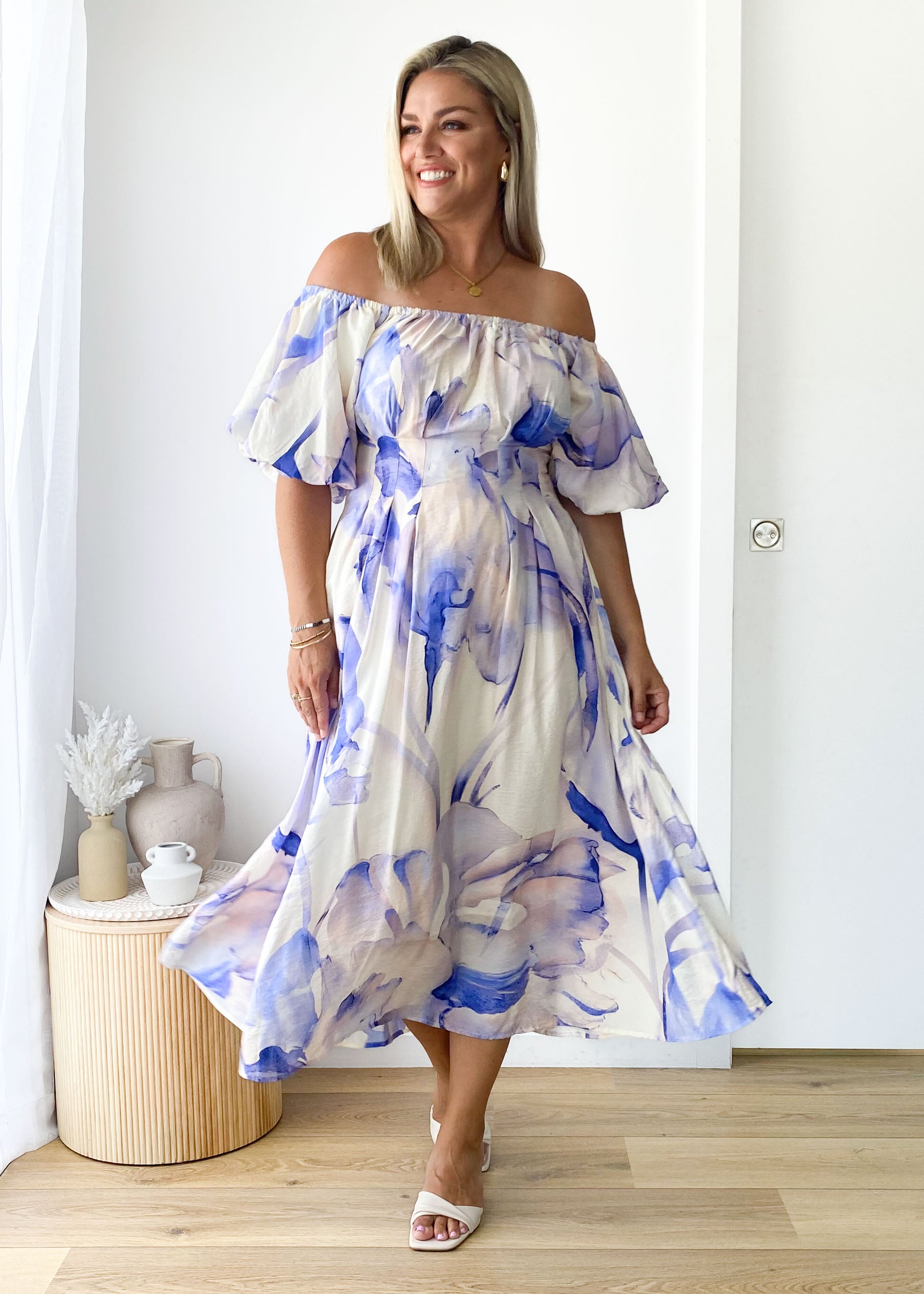 Reece Off Shoulder Midi Dress - Lapis Flame