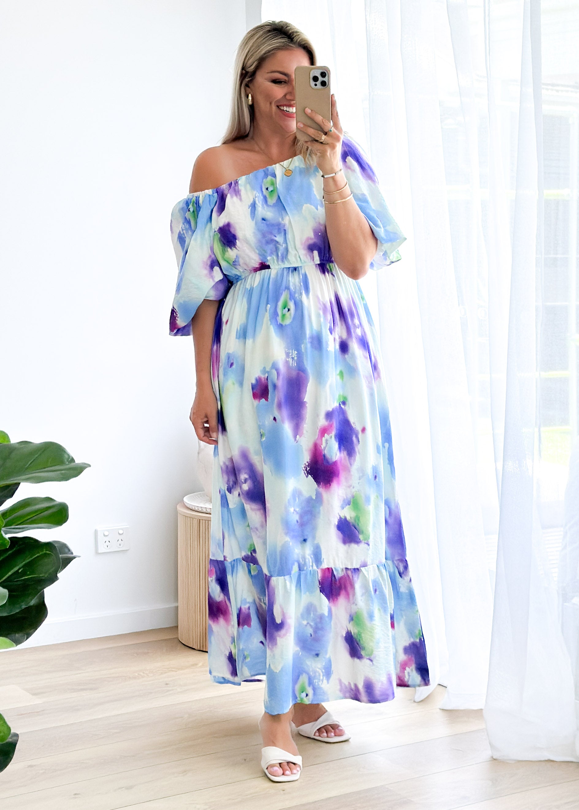 Halia Off Shoulder Midi Dress - Violet Watercolour