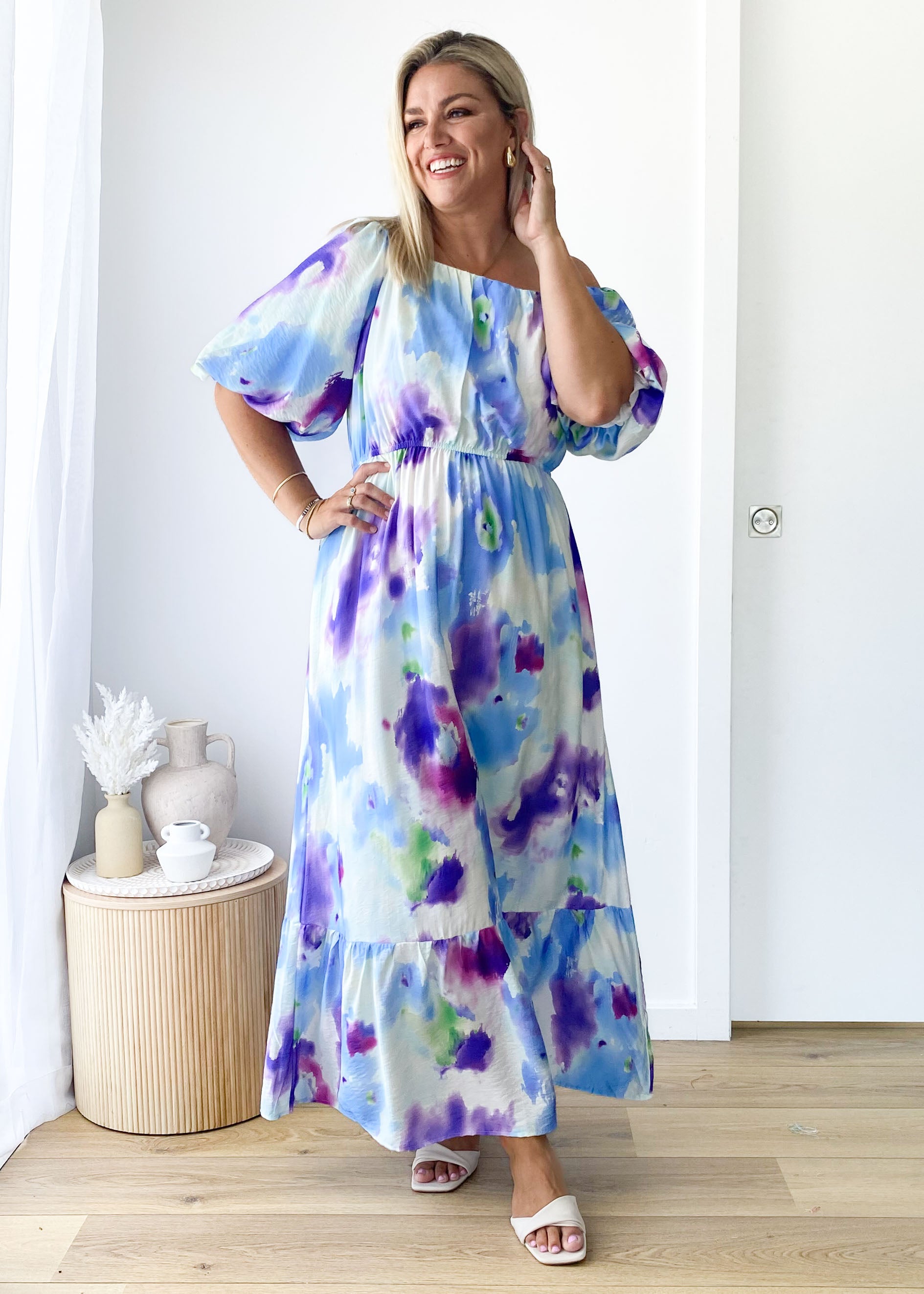 Halia Off Shoulder Midi Dress - Violet Watercolour