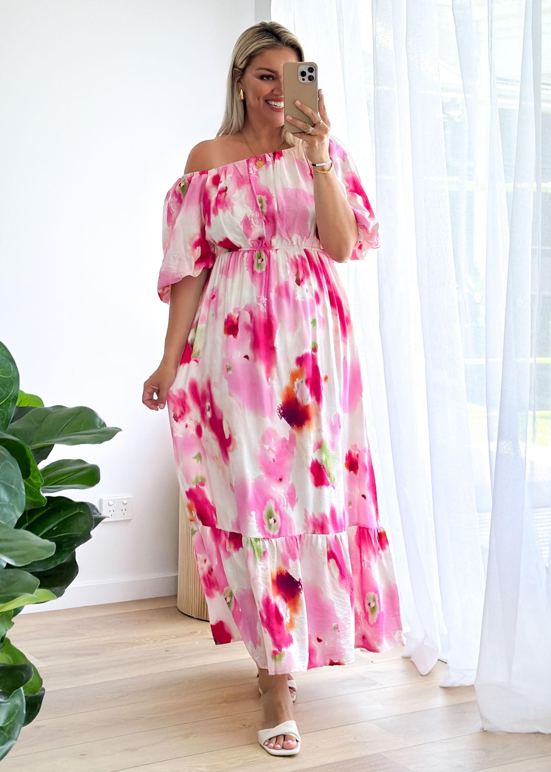 Halia Off Shoulder Midi Dress - Pink Watercolour