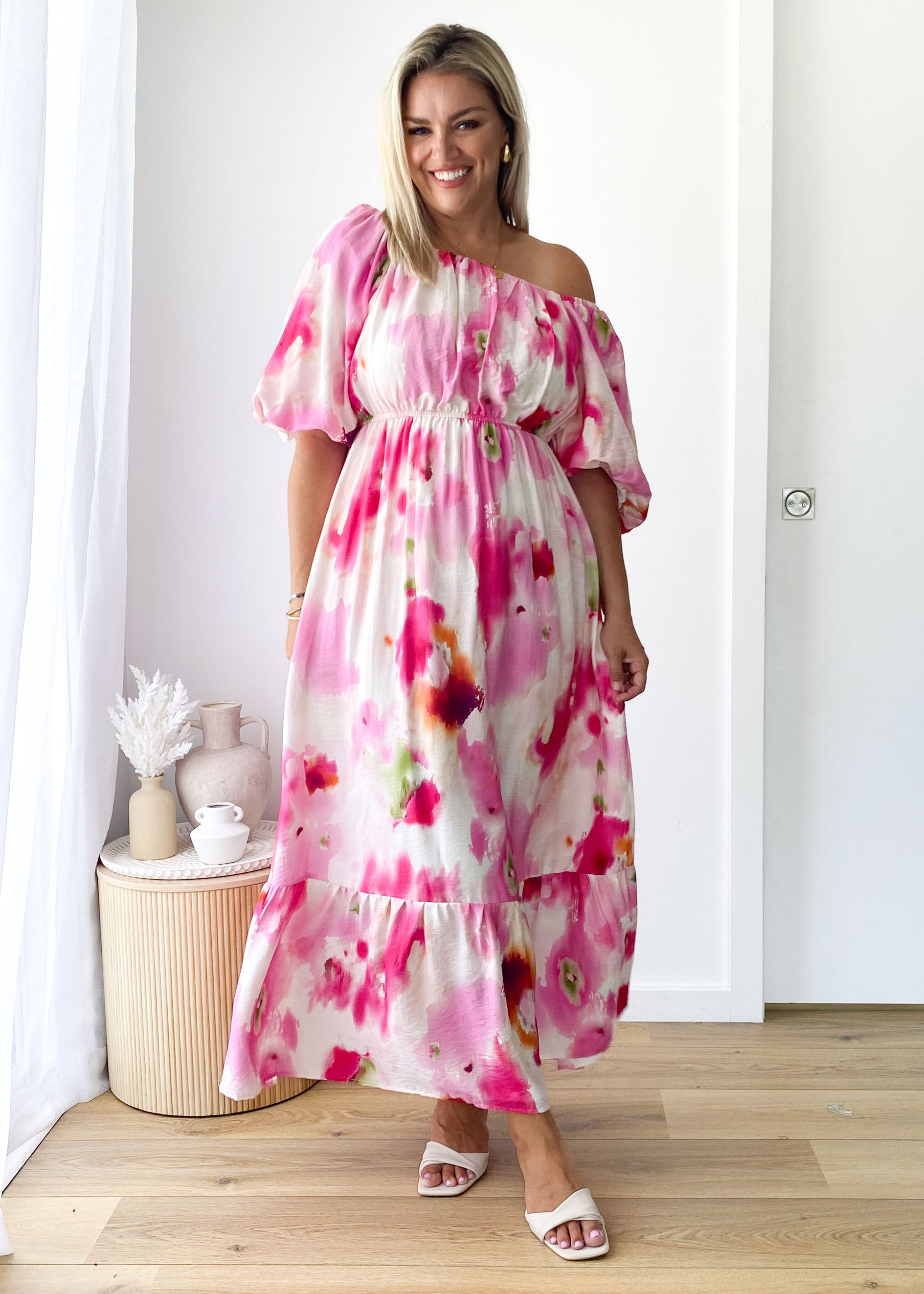 Halia Off Shoulder Midi Dress - Pink Watercolour