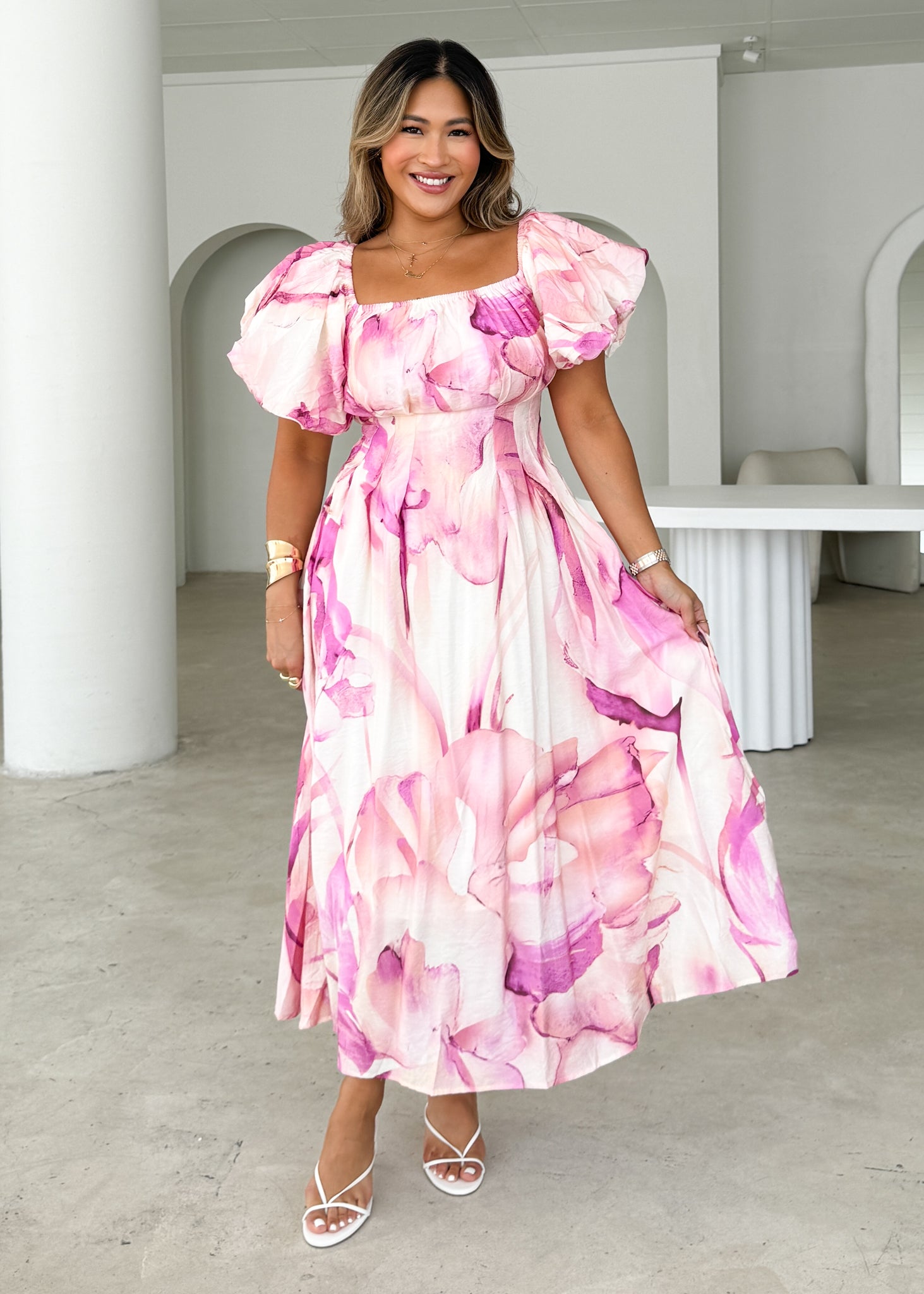 Reece Off Shoulder Midi Dress - Fuchsia Flame