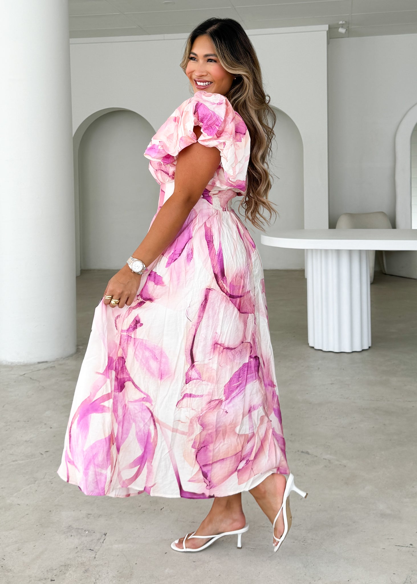 Reece Off Shoulder Midi Dress - Fuchsia Flame