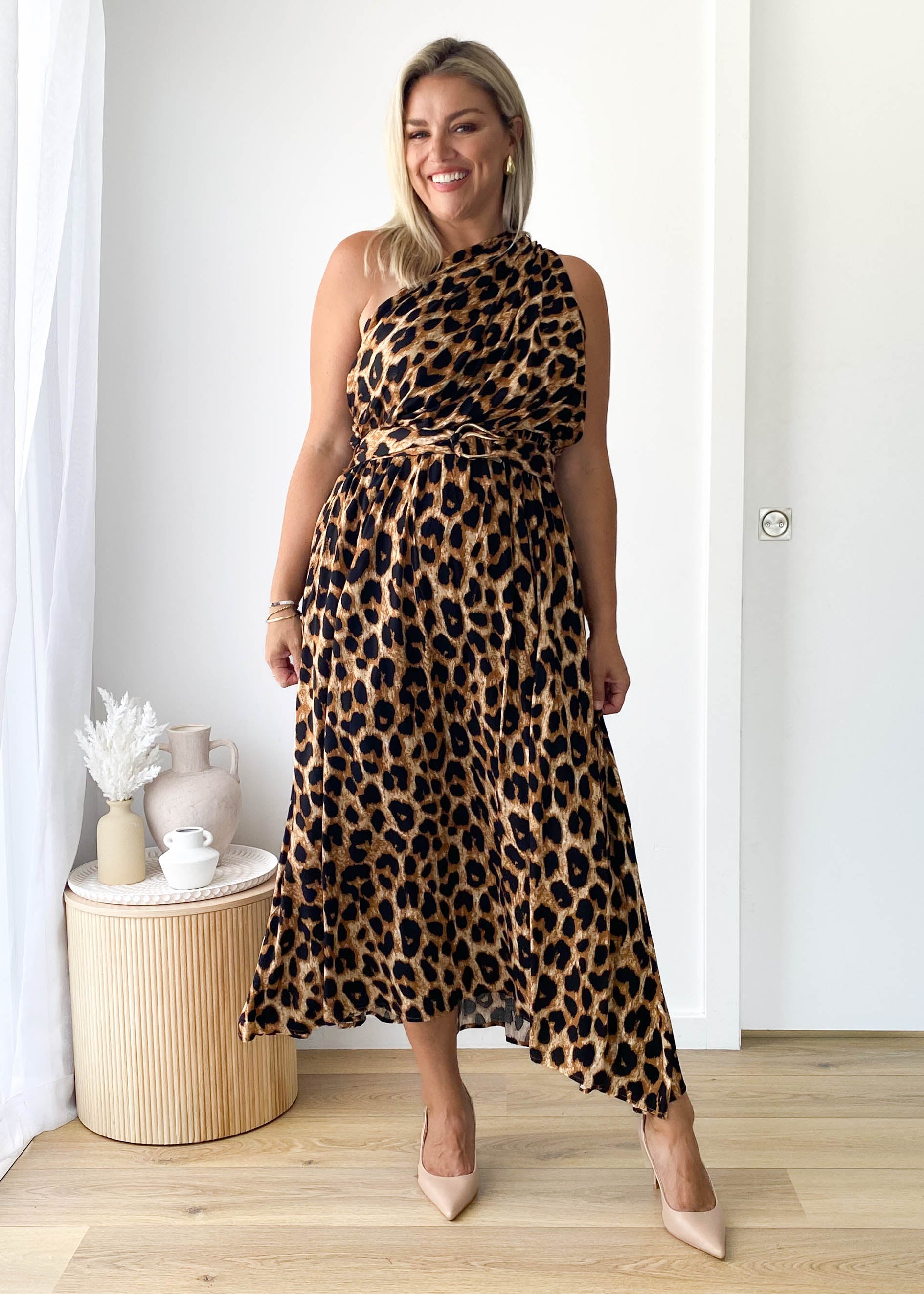 Korah One Shoulder Midi Dress - Leopard