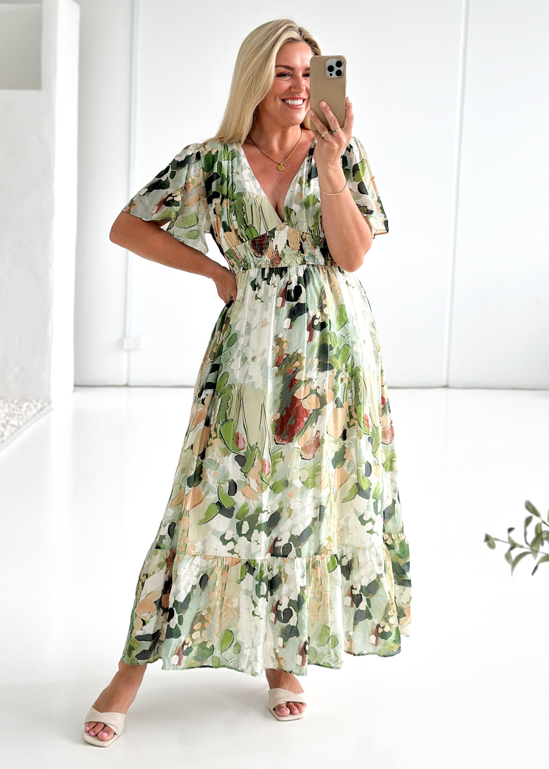 Cara Maxi Dress - Green Abstract