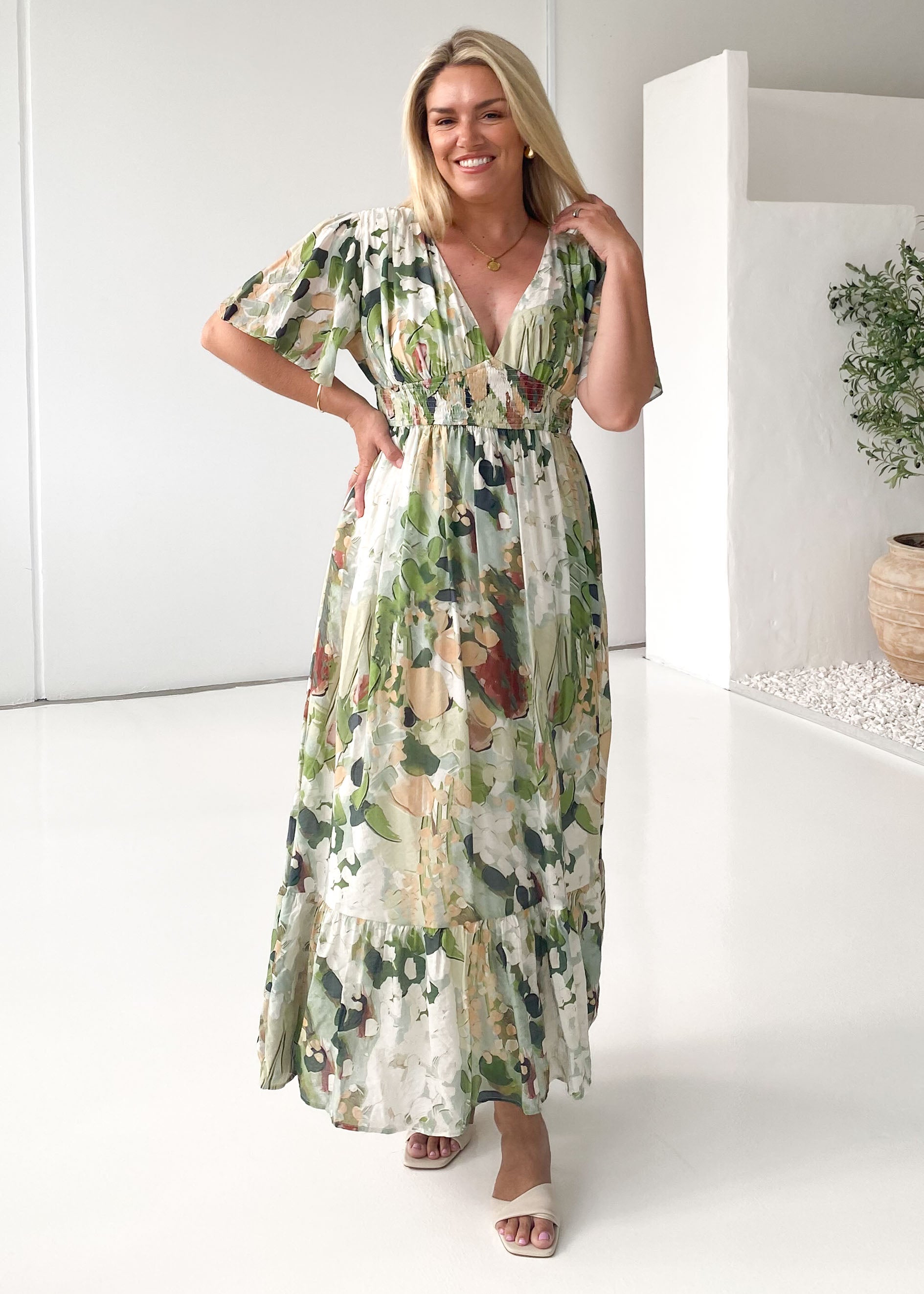 Cara Maxi Dress - Green Abstract