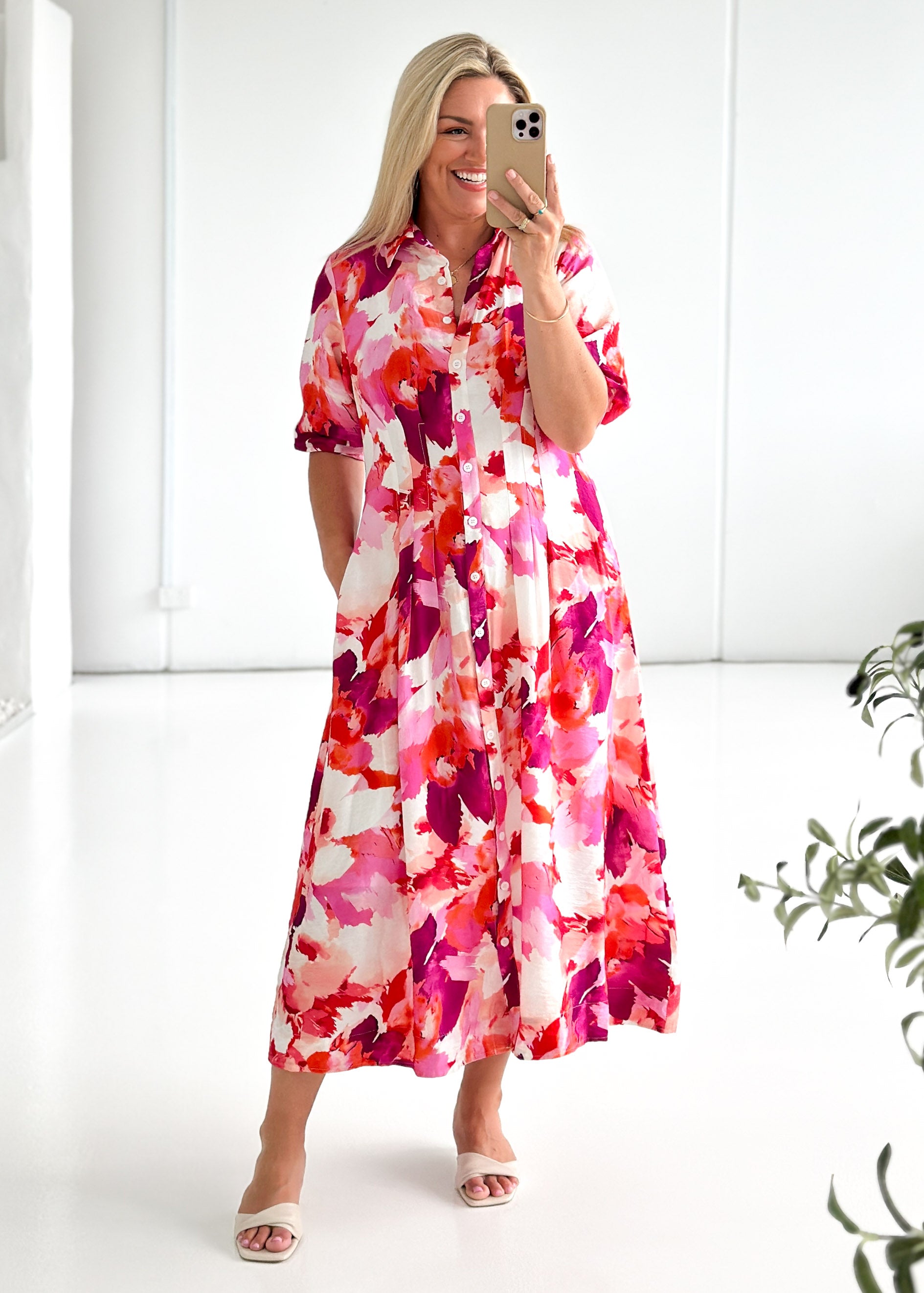 Hampton Midi Dress - Magenta Splash