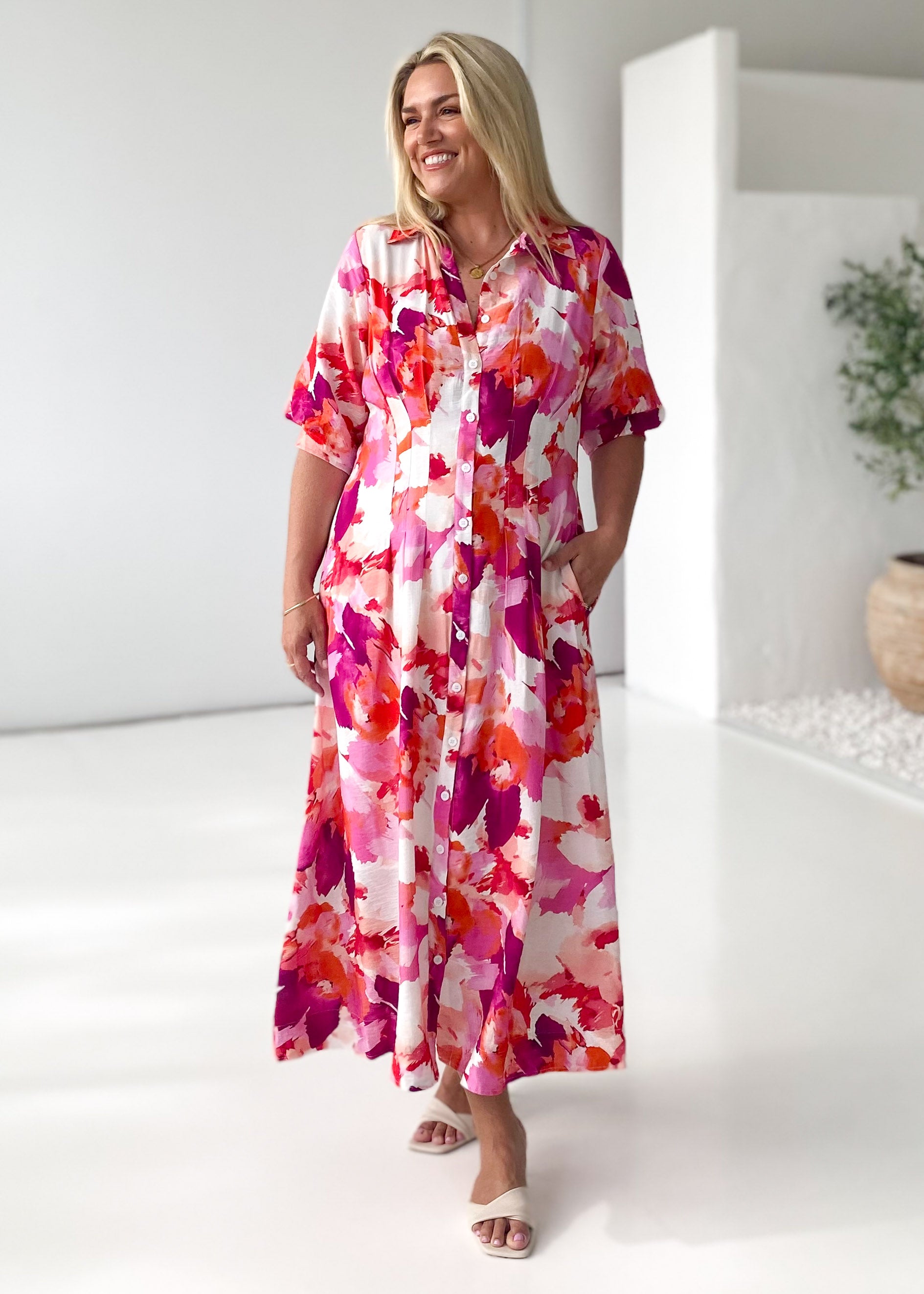 Hampton Midi Dress - Magenta Splash