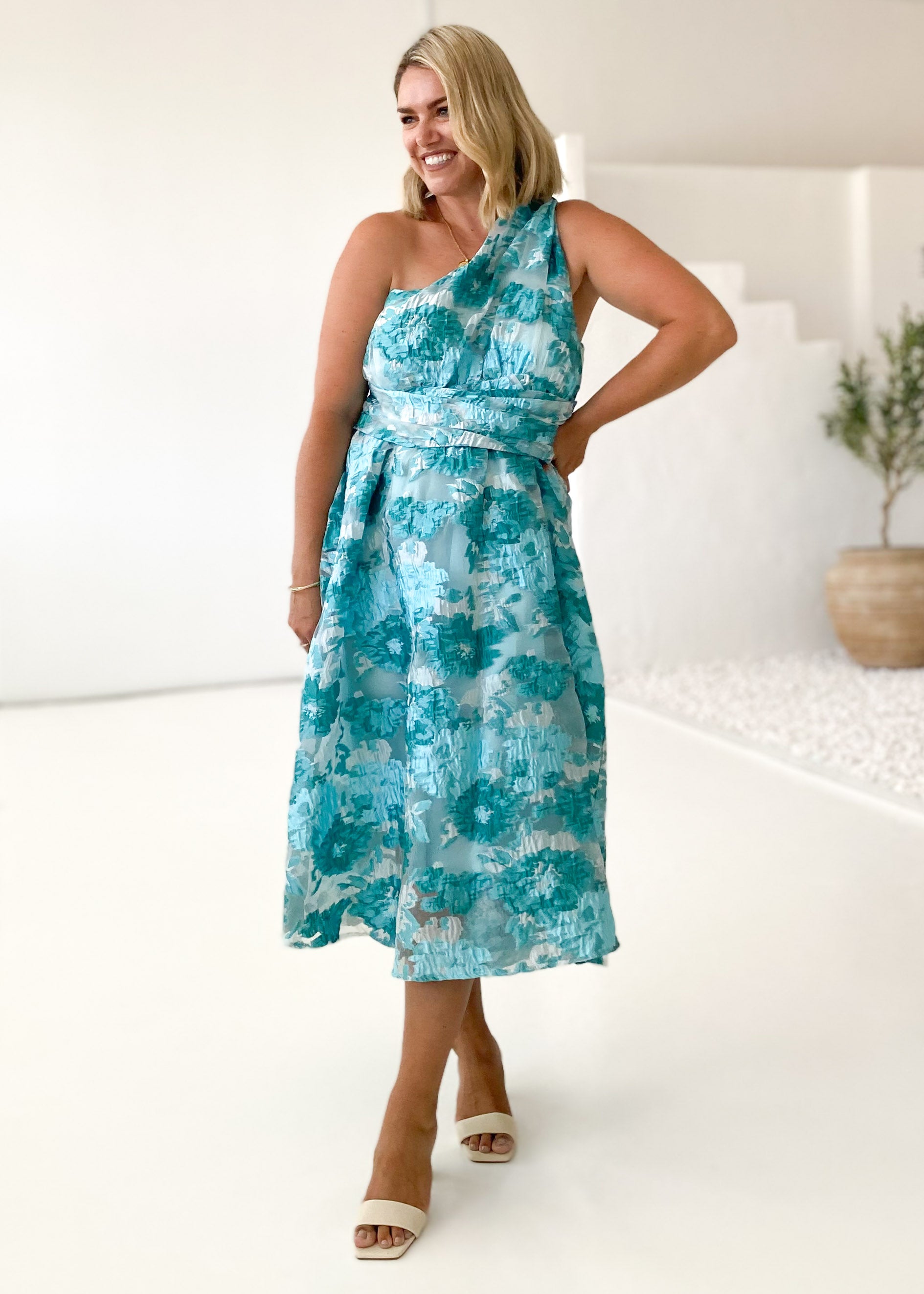Gellina One Shoulder Midi Dress - Aqua Jacquard