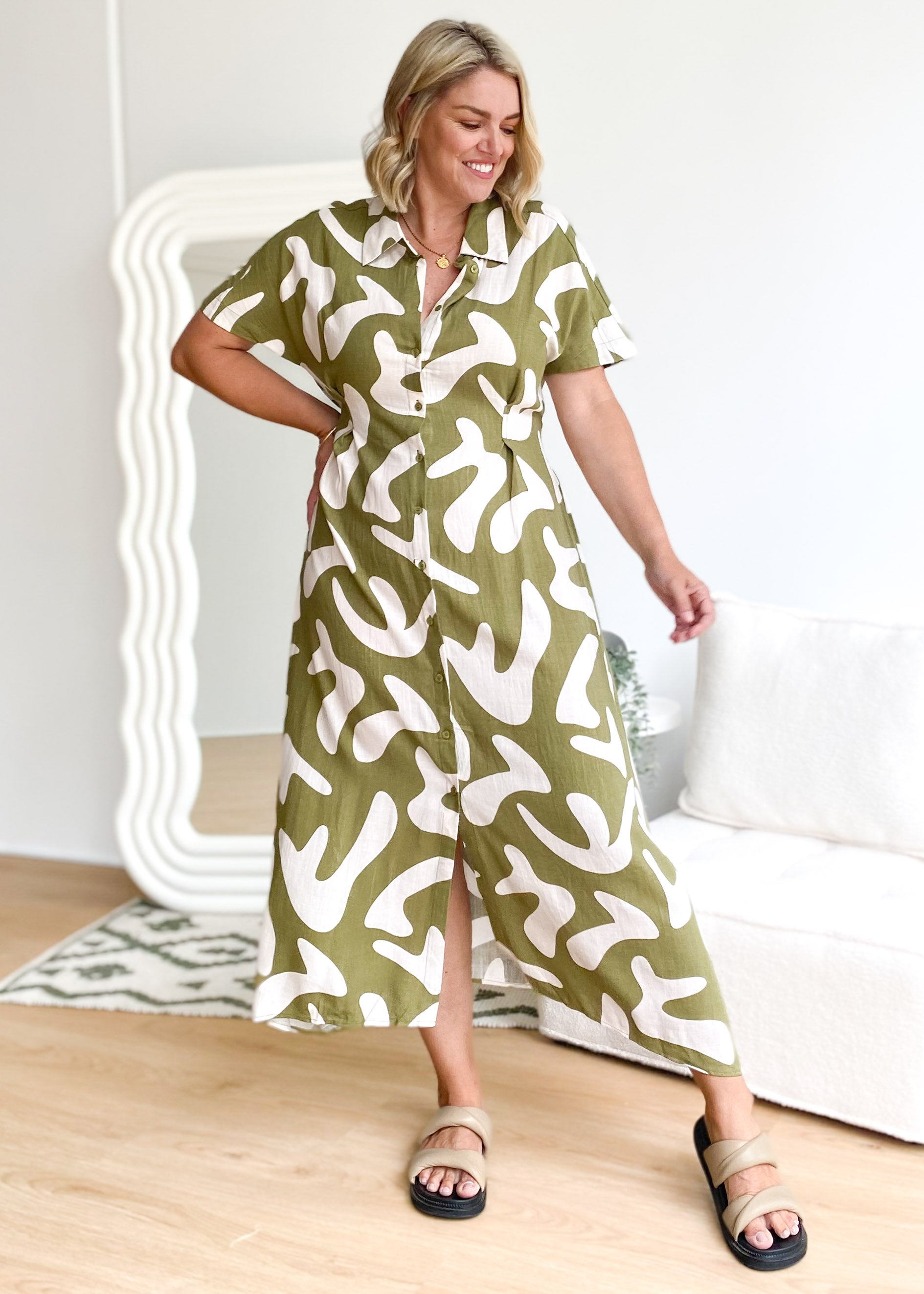 Nadja Linen Blend Midi Dress - Olive Vacation