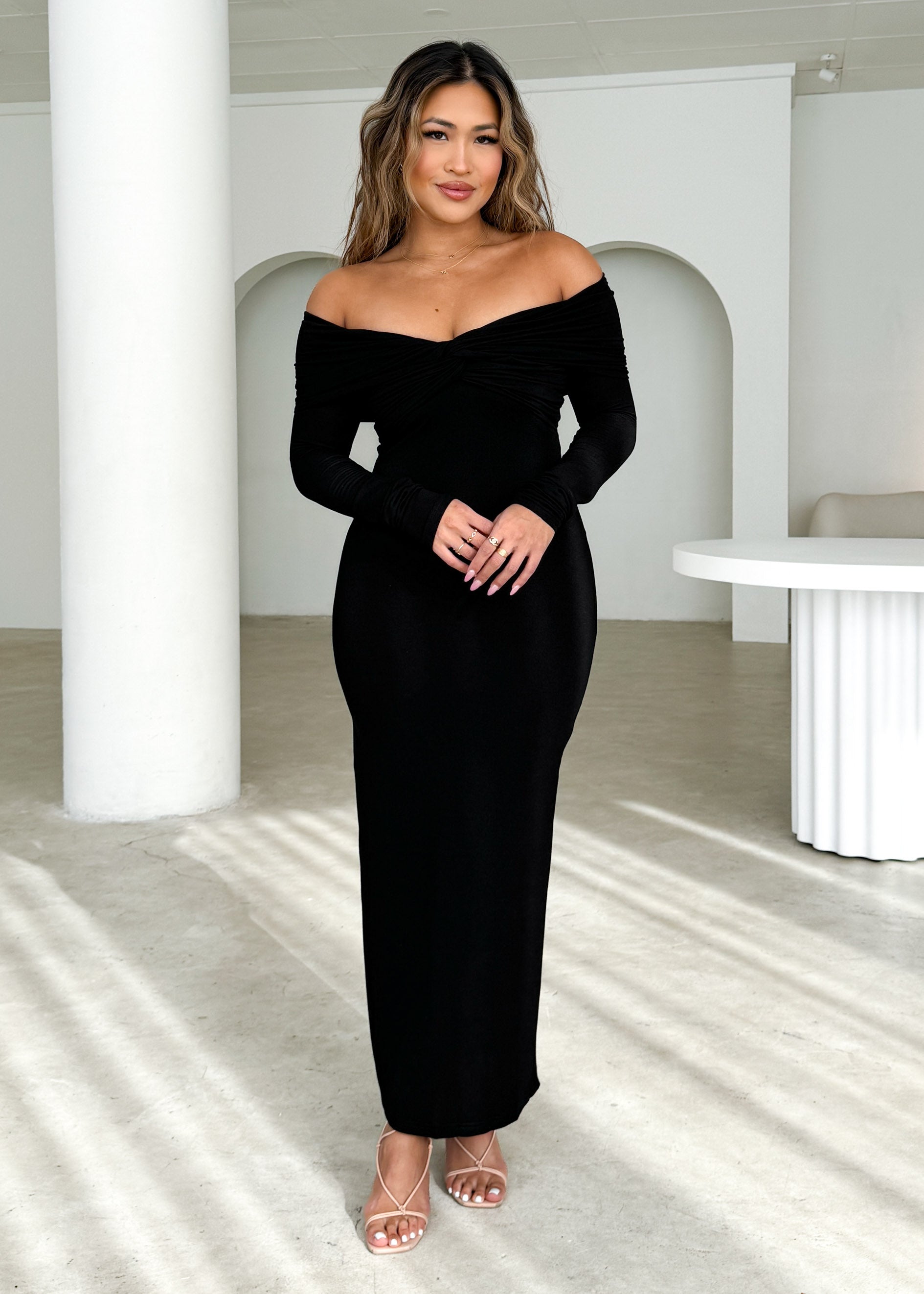 Calypso Off Shoulder Knit Maxi Dress - Black