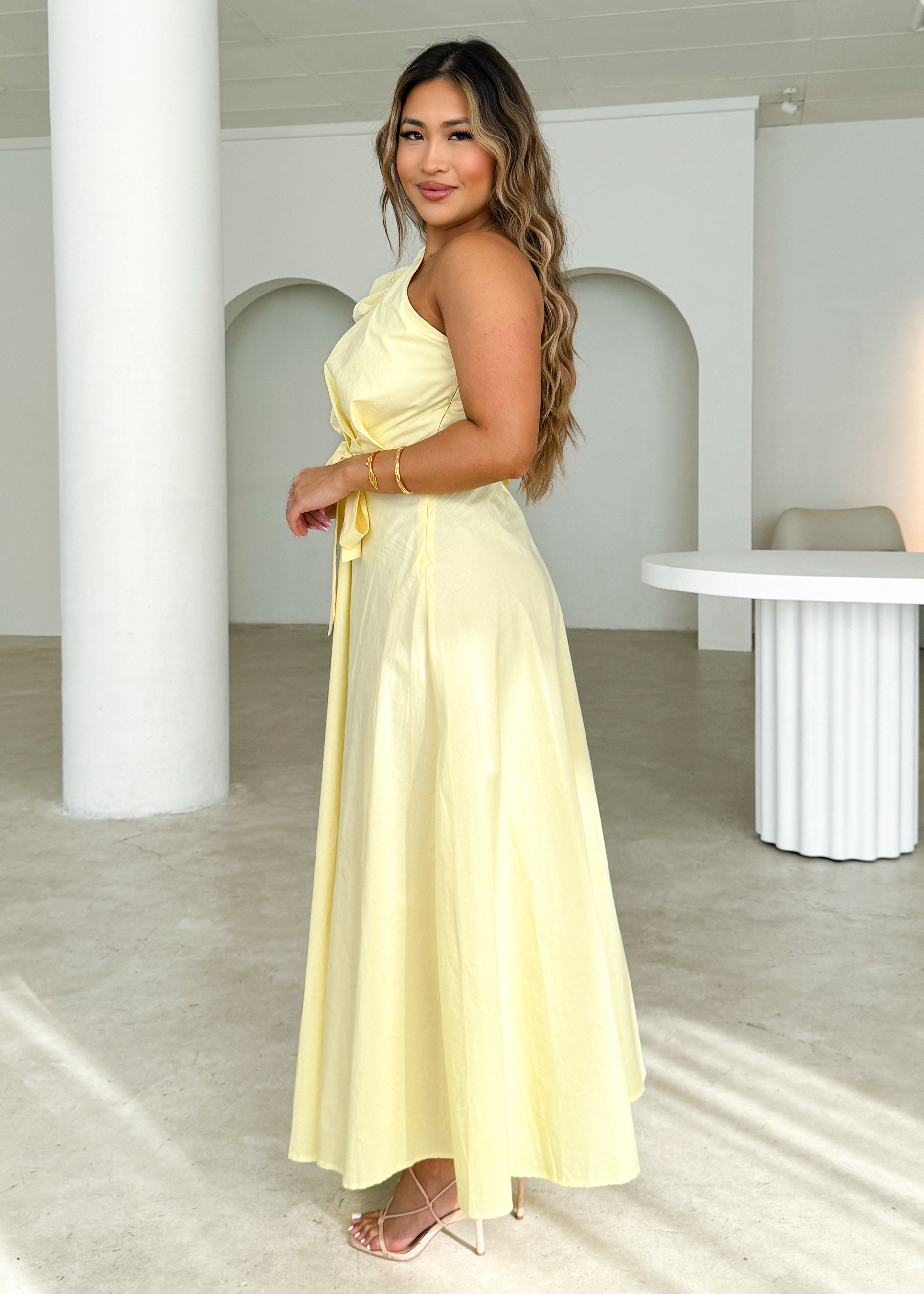 Rowler One Shoulder Midi Dress - Lemon