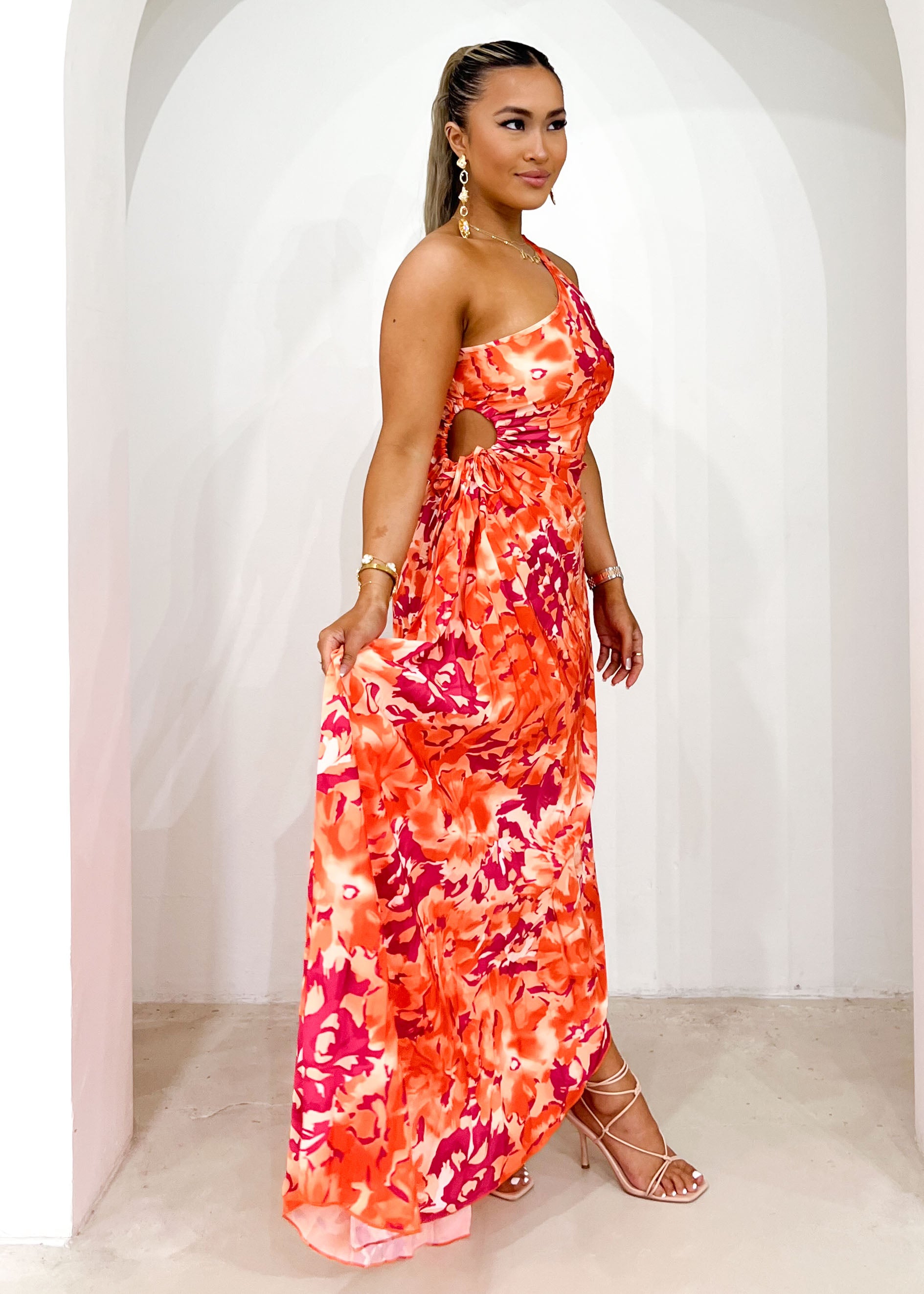 Kayta One Shoulder Midi Dress - Tangerine Floral