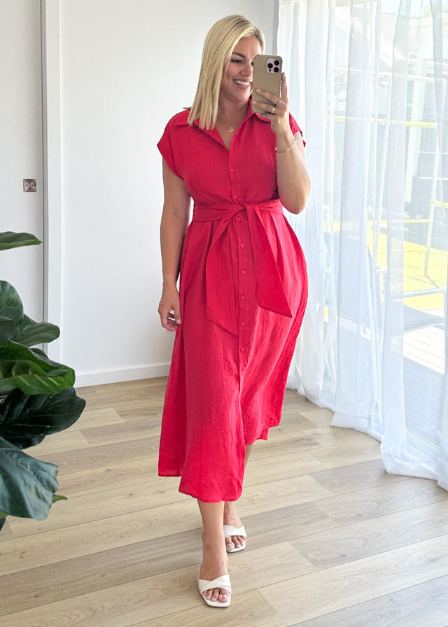 Makari Linen Midi Dress - Raspberry