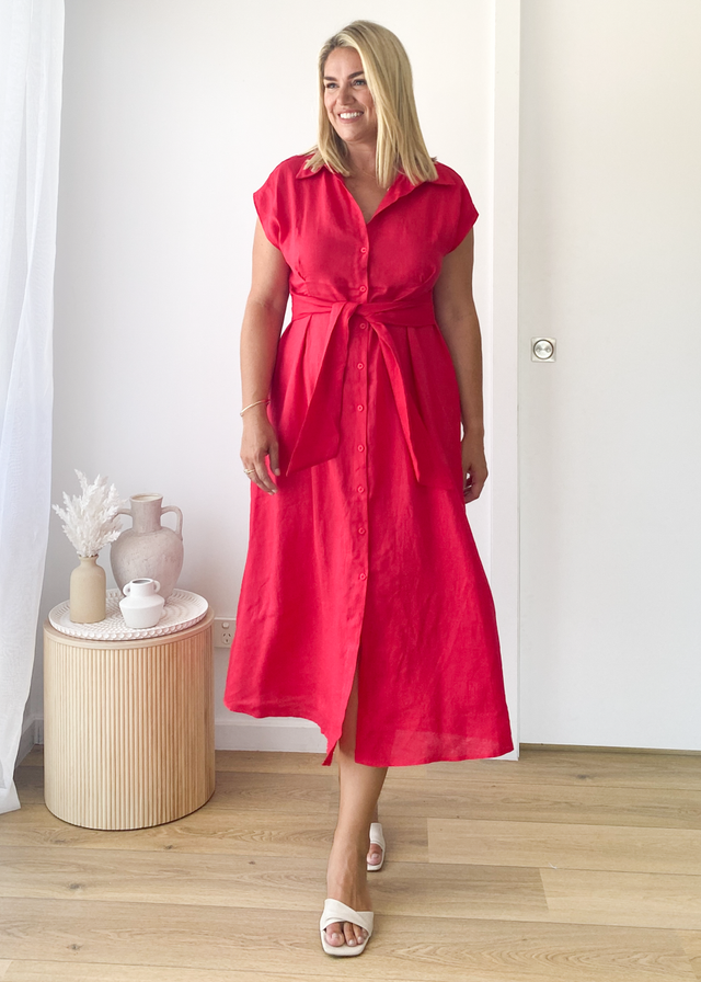 Makari Linen Midi Dress - Raspberry