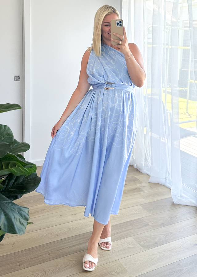 Korah One Shoulder Midi Dress - Blue Abstract