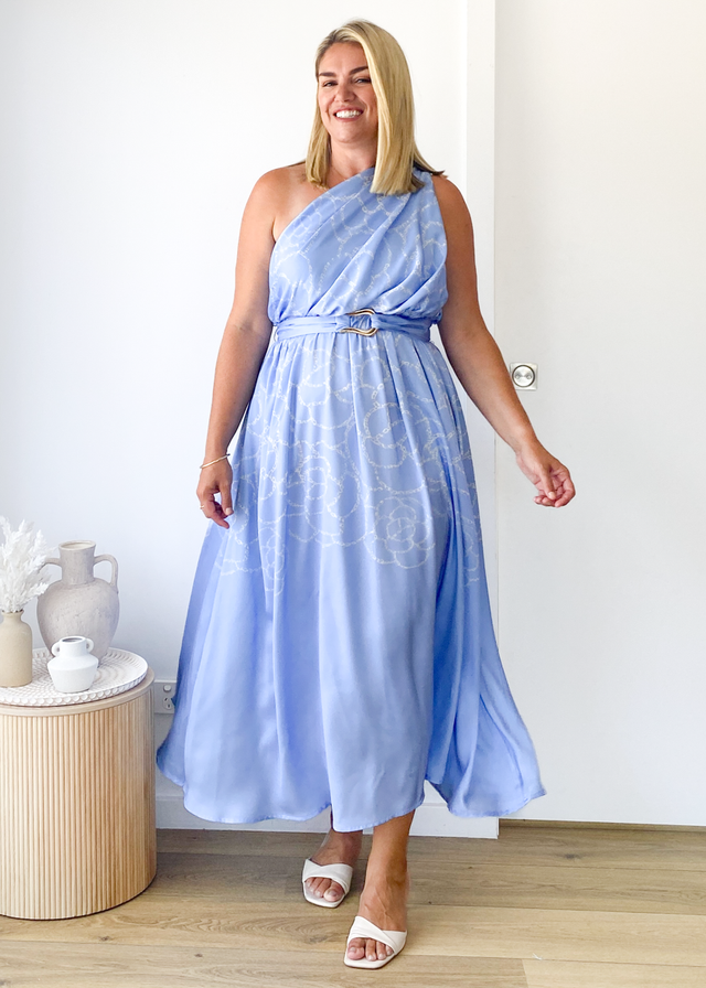 Korah One Shoulder Midi Dress - Blue Abstract