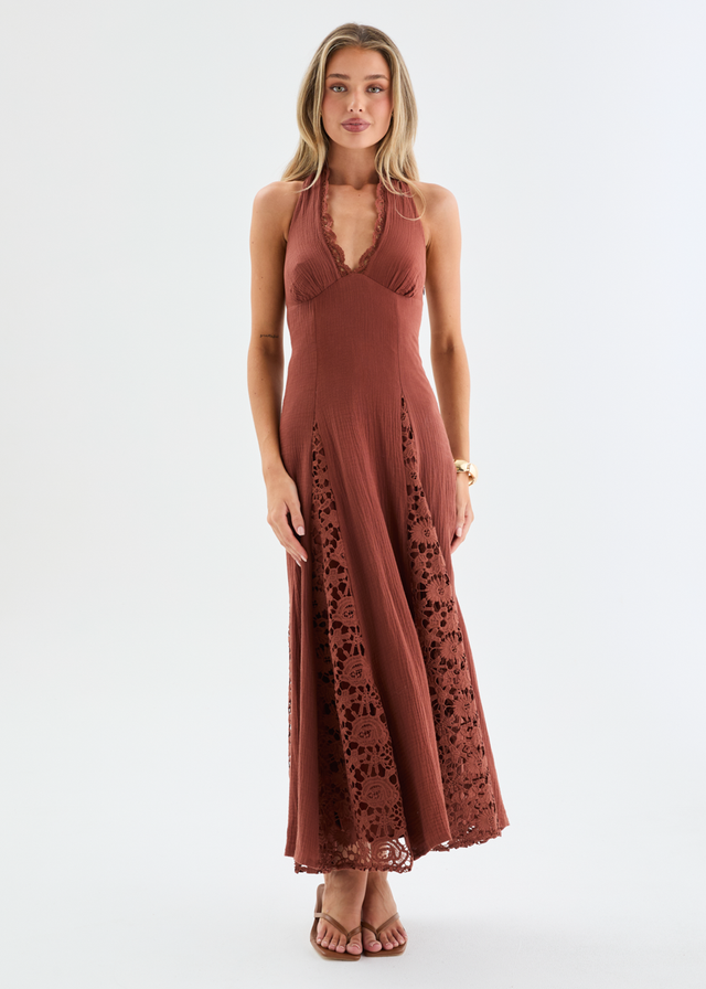 Lilian Lace Halter Midi Dress - Chocolate Gingham & Heels Lilian Lace Halter Midi Dress - Chocolate Gingham & Heels