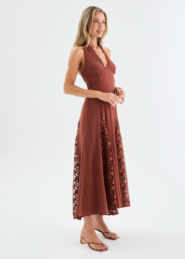 Lilian Lace Halter Midi Dress - Chocolate