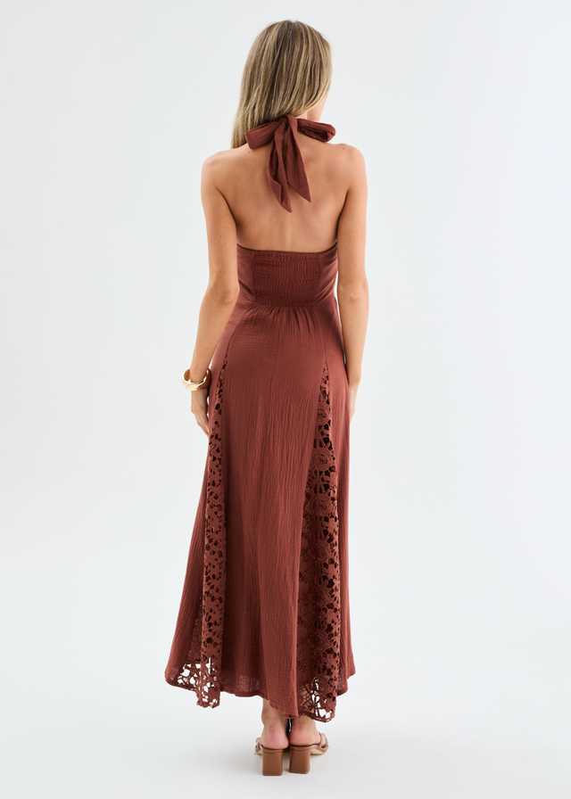Lilian Lace Halter Midi Dress - Chocolate Gingham & Heels Lilian Lace Halter Midi Dress - Chocolate Gingham & Heels
