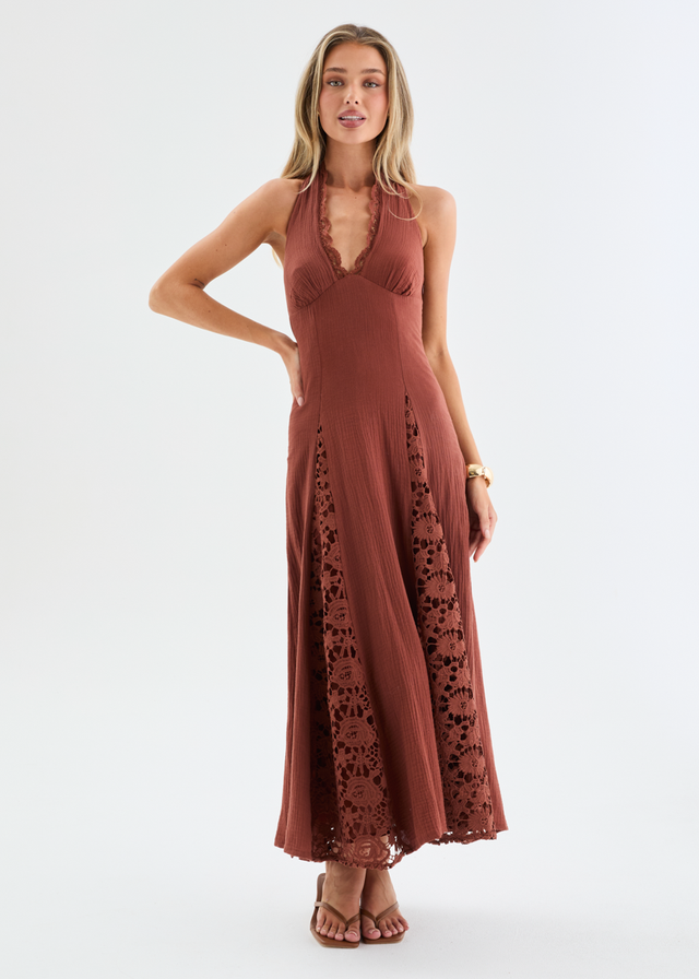 Lilian Lace Halter Midi Dress - Chocolate