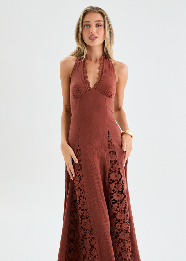 Lilian Lace Halter Midi Dress - Chocolate