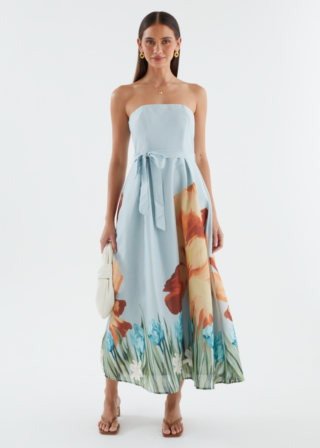 Naya Strapless Midi Dress - Sky Floral
