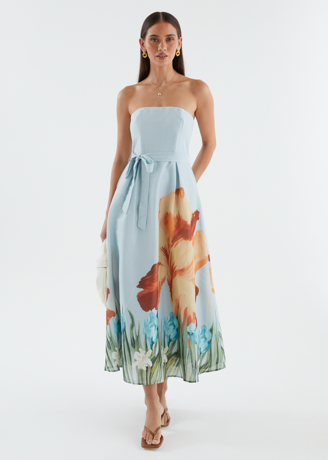 Naya Strapless Midi Dress - Sky Floral
