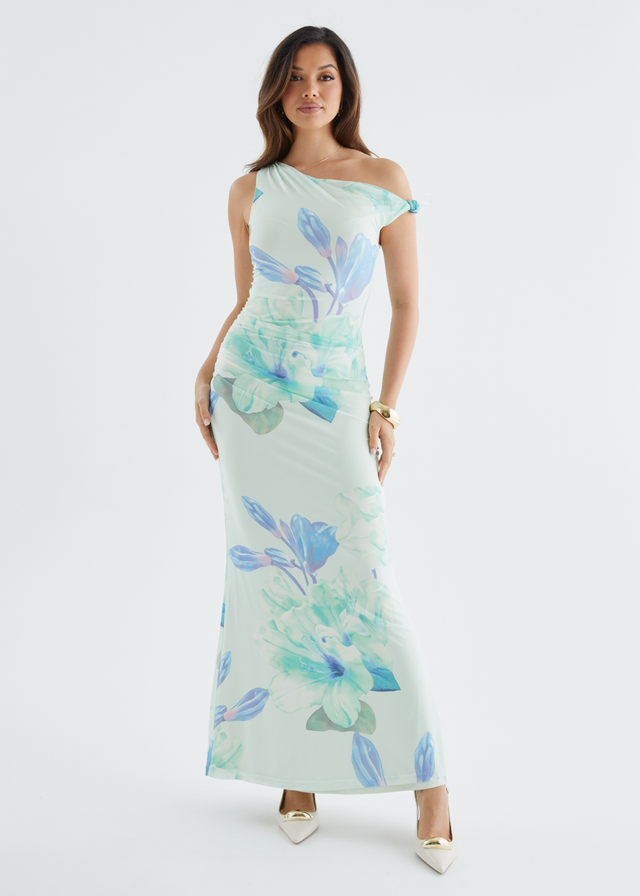 Arlo Drop Shoulder Mesh Maxi Dress - Mint Flowers