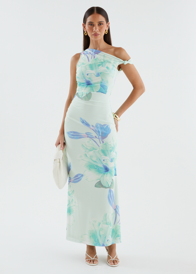 Arlo Drop Shoulder Mesh Maxi Dress - Mint Flowers