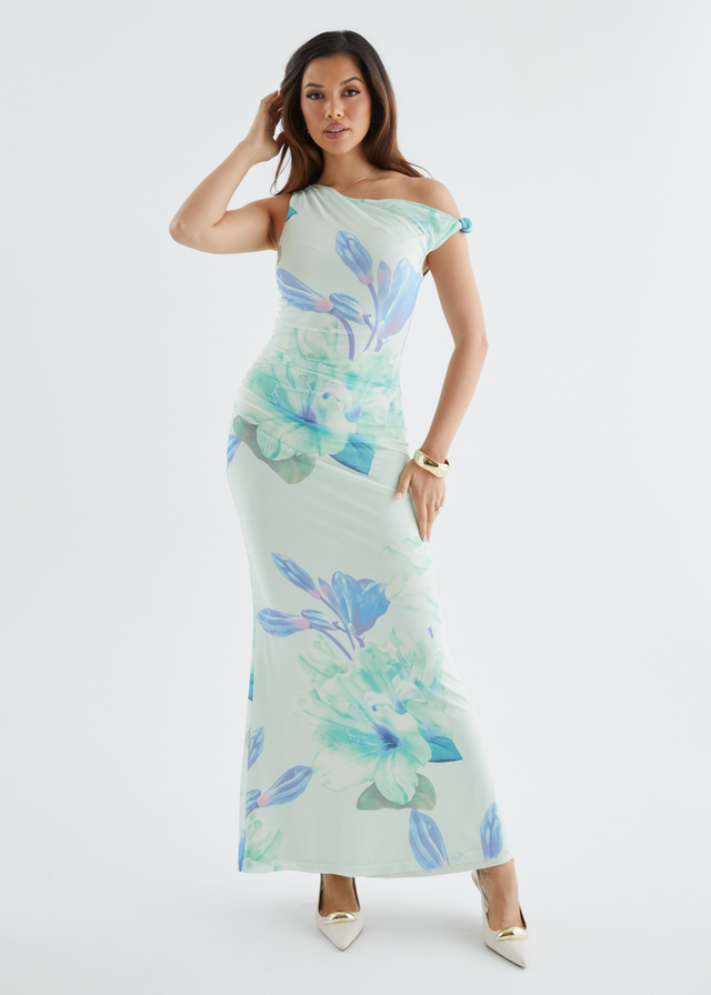 Arlo Drop Shoulder Mesh Maxi Dress - Mint Flowers