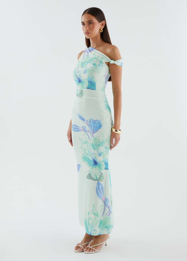 Arlo Drop Shoulder Mesh Maxi Dress - Mint Flowers