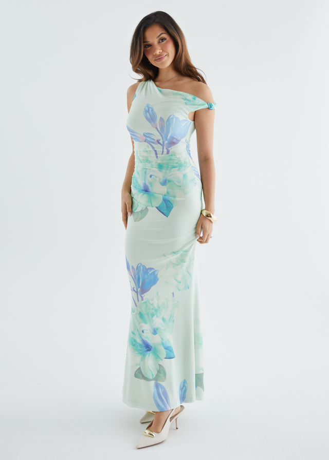 Arlo Drop Shoulder Mesh Maxi Dress - Mint Flowers