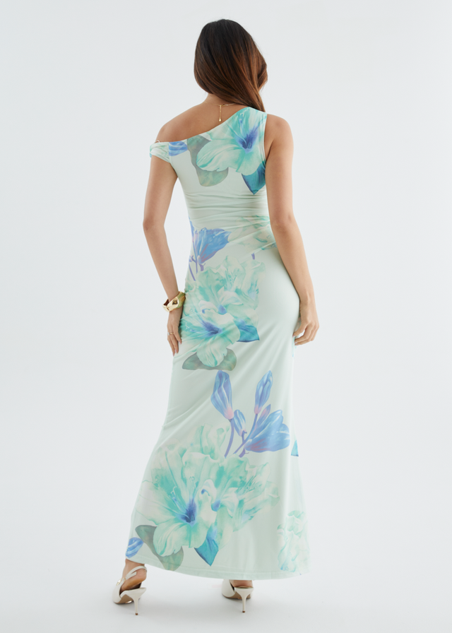 Arlo Drop Shoulder Mesh Maxi Dress - Mint Flowers