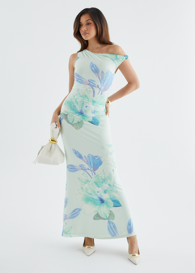 Arlo Drop Shoulder Mesh Maxi Dress - Mint Flowers