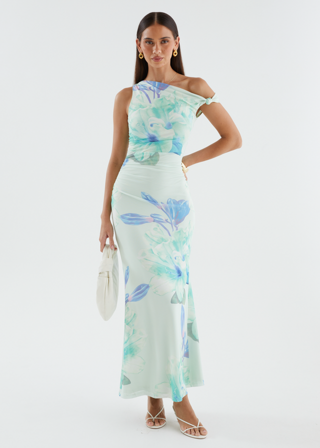 Arlo Drop Shoulder Mesh Maxi Dress - Mint Flowers