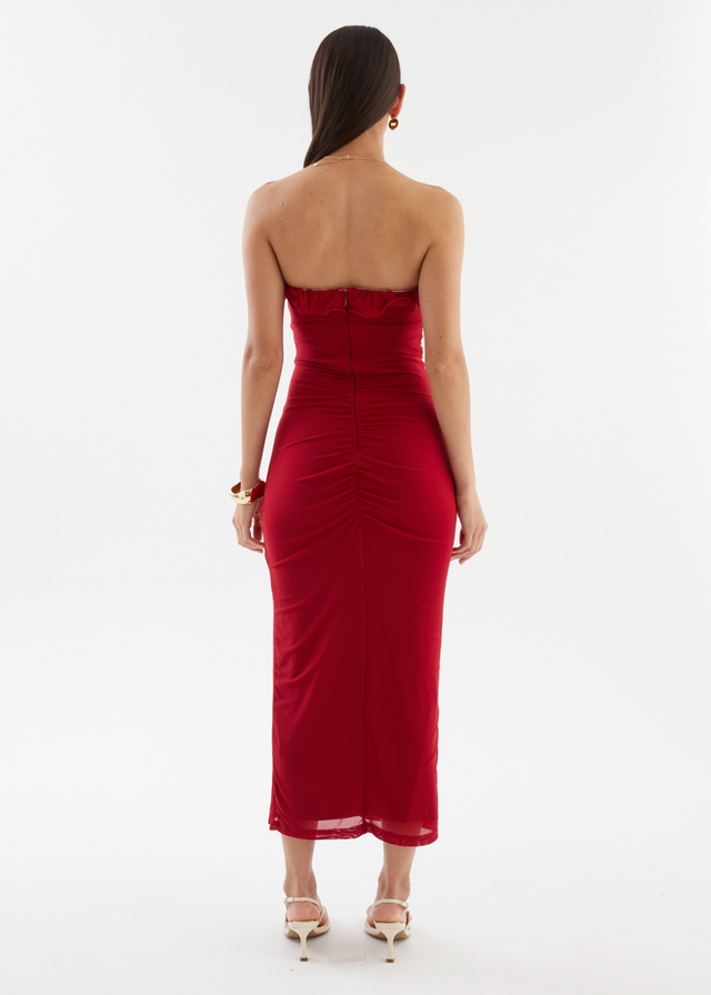 Abi Strapless Mesh Midi Dress - Red