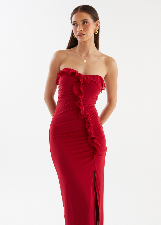 Abi Strapless Mesh Midi Dress - Red