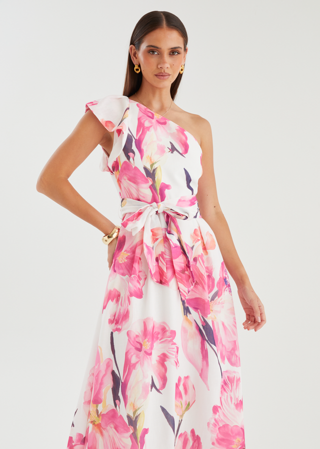 Alvaro One Shoulder Midi Dress - Pink Peony