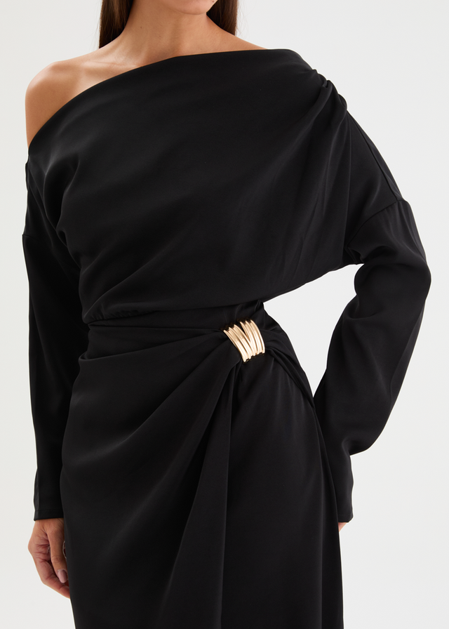 Katrinna Drop Shoulder Midi Dress - Black