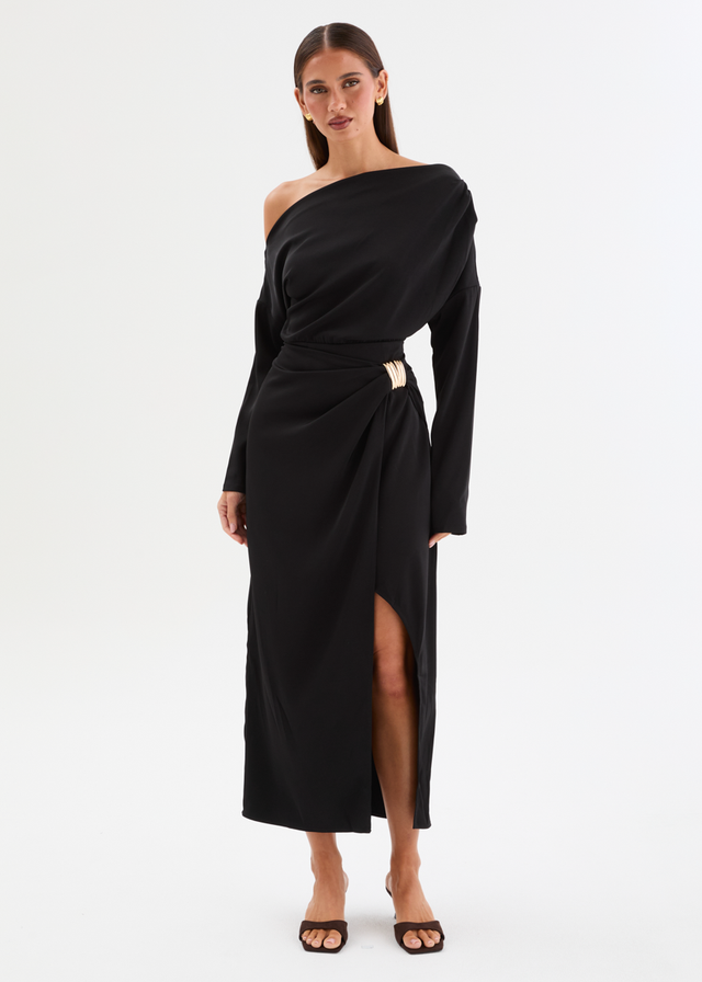 Katrinna Drop Shoulder Midi Dress - Black