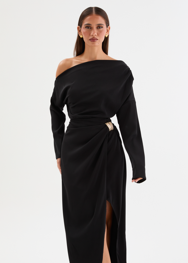 Katrinna Drop Shoulder Midi Dress - Black