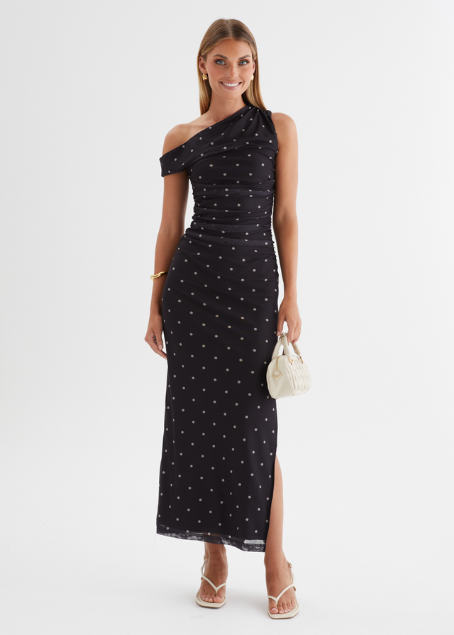 Ana Drop Shoulder Mesh Midi Dress - Black Polka