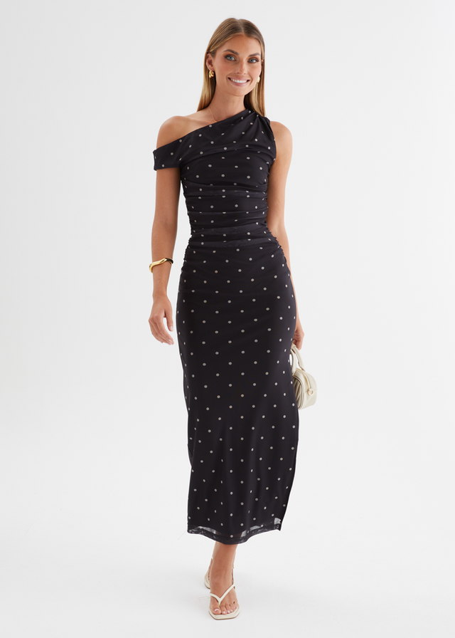 Ana Drop Shoulder Mesh Midi Dress - Black Polka